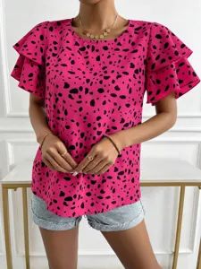 Summer women's pink dot print short sleeve casual blouse, comfortable streetwear top apparel.