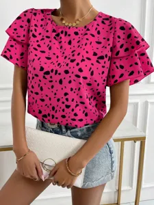Pink black polka dot short sleeve blouse women casual cute summer top apparel detail shot