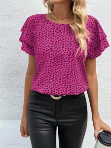 Women summer short sleeve blouse casual magenta abstract printed ruffle layered top apparel