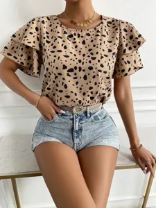 Summer casual loose short sleeve dalmatian spot print round neck ruffle blouse top for women.