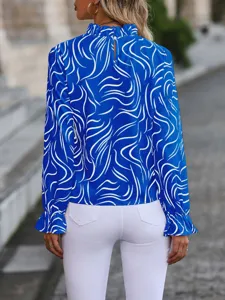 Blue and white abstract print long sleeve blouse featuring a stylish ruffled high collar.