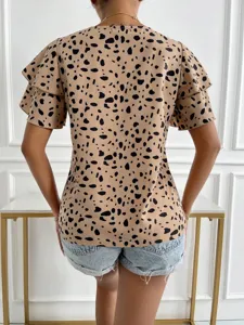 Casual summer leopard print short sleeve blouse detail with stylish ruffle sleeves and comfy fit.