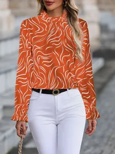 Elegant orange abstract print long sleeve blouse with ruffled mock neck for women's daily wear.