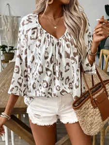 Stylish women leopard print V neck blouse, elegant casual long sleeve shirt for daily streetwear.