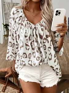 Chic women V-neck leopard print blouse casual commuting loose half sleeve top fashion shirt.