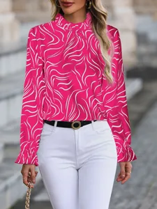 Detail view of the elegant pink ruffle mock neck long sleeve blouse with abstract pattern.