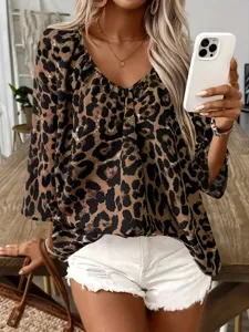 Women Leopard Print V-Neck Short Sleeve Blouse Casual Chic Fashion Summer Shirt Top