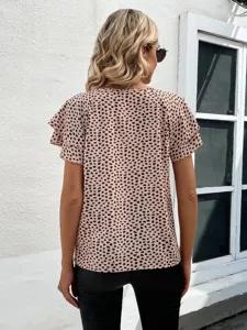 Women short sleeve ruffle blouse chic abstract print casual top for summer daily wear