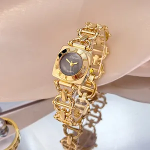 Goldene Damen Quarz Uhr quadratisches Zifferblatt roemische Ziffern Luxus Armbanduhr chic