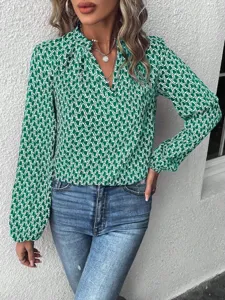 Women green geometric print long sleeve blouse casual V-neck lantern sleeve shirt top