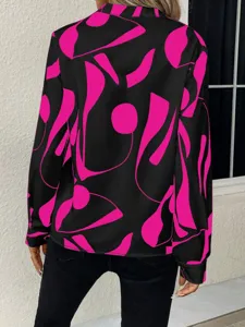 Women long sleeve abstract print blouse casual V-neck loose fashion top for daily wear
