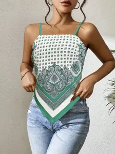 Green paisley print camisole top detail, stylish square neck strappy design for summer.