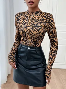 Women's mock neck long sleeve zebra print slim fit top detailed view fashion style