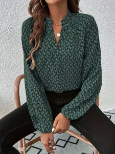 Women green geometric print lantern sleeve blouse with ruffle V-neck, elegant French style top.