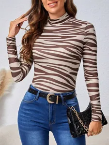 Women's zebra print mock neck long sleeve slim fit top autumn fashion casual chic apparel