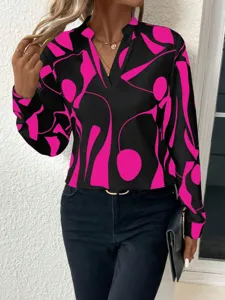 Detailed view of the stylish abstract print V-neck long sleeve blouse for women casual wear.