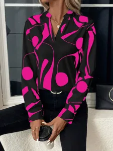 Chic black and pink abstract printed long sleeve v-neck blouse for women casual wear.