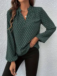 Elegant green V-neck long lantern sleeve printed blouse for women, chic french style top.
