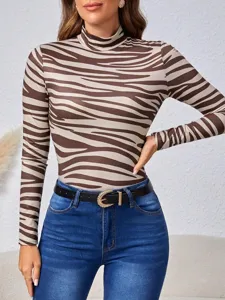 Women's brown beige zebra print mock neck long sleeve slim fit top for autumn fashion.