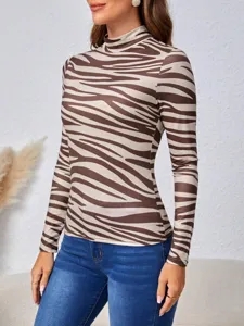 Women brown zebra print high neck long sleeve slim fit top casual daily wear stylish apparel