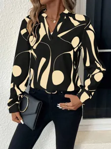 Women's casual V-neck long sleeve blouse with chic abstract print, stylish and comfortable top.