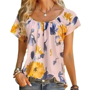 Women's Elegant Round Neck Short Sleeve Floral Print Casual Summer Blouse Top for Daily Wear