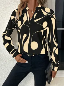 Women casual long sleeve V-neck blouse with abstract print, chic and comfortable daily wear.