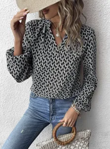 Women's chic black and white printed long sleeve V-neck lantern sleeve fashion blouse