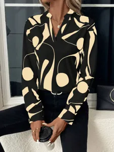 Detail view of the elegant abstract printed long sleeve V-neck casual shirt for women daily wear.