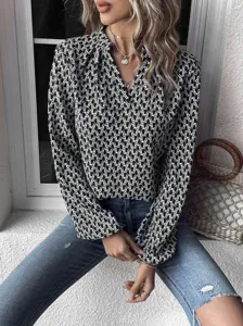 Women elegant long sleeve printed blouse French style chic geometric patterned shirt top