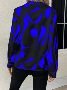 Women casual long sleeve blouse with blue abstract print, stylish back view showing loose fit.