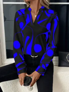 Chic long sleeve V-neck blouse featuring a bold blue abstract print on black fabric.
