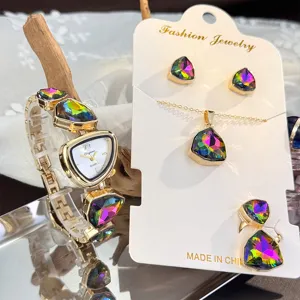 Irregular colorful crystal watch and jewelry set four-piece fashion quartz watch.