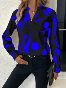 Black and blue abstract print V-neck long sleeve blouse, casual loose fit detailed view.