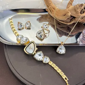 Luxury irregular triangle crystal quartz watch necklace earrings ring 4-piece set gold