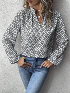 Women elegant black white printed blouse lantern sleeve pleated V-neck chic tops new