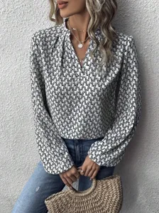 Women's French Elegant Printed Pleated Collar Long Lantern Sleeve Blouse Top Fashion