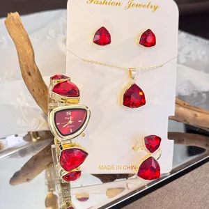 Red crystal triangular jewelry set including watch, necklace, earrings and ring for women.