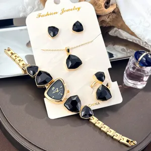 Black irregular geometric rhinestone watch necklace ring earrings jewelry set for women
