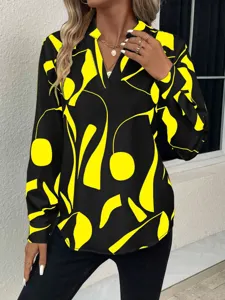 Women long sleeve V-neck abstract print casual loose blouse, stylish everyday autumn top wear.
