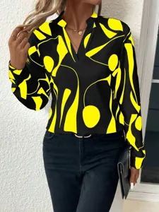 Casual long sleeve V-neck blouse with abstract yellow and black print for women daily wear