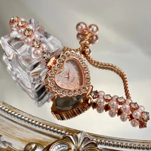 Roségold Herz Strass Quarzuhr Doppelperlen Armband Mode Damen Schmuck Accessoire