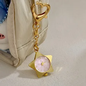 Stern Quarz Taschenuhr Schlüsselanhänger rosa Zifferblatt goldenes Herz Taschenanhänger