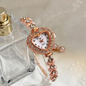 Herzförmige Strass Perlen Armband Quarz Uhr Detail, elegante Damen Mode dekorative Uhr.
