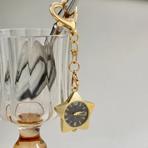Goldfarbene Stern Taschenuhr Schlüsselanhänger Herz Clip Tasche Anhänger Quarz Uhr Neu