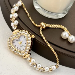 Luxus herzförmige Quarzuhr mit doppelreihigem Perlenarmband und funkelnden Strasssteinen für Damen