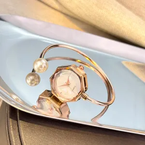 Reloj pulsera de cuarzo para mujer minimalista con esfera octogonal nácar perlas.