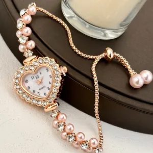 Herzförmige Strass-Quarzuhr mit Perlen und einem bequem verstellbaren Armband für Damen