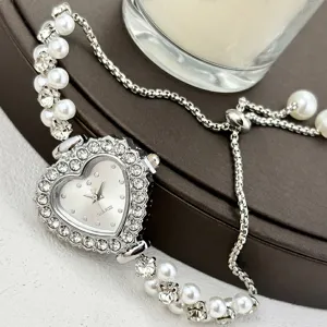 Herzförmige Strass Perlen Quarzuhr für Damen, verstellbare Armbanduhr mit Zugkette.