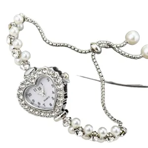 Damen Silber Herz Strass Quarzuhr Perle Zugband Armband Modeuhr elegant schick